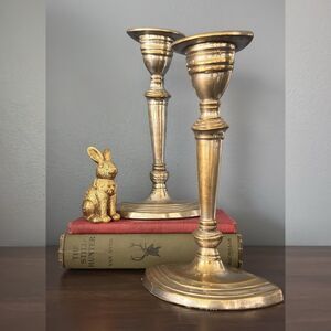 Vintage Brass Candlesticks Pair Hollywood Regency Gold Silver Patina | Art Deco